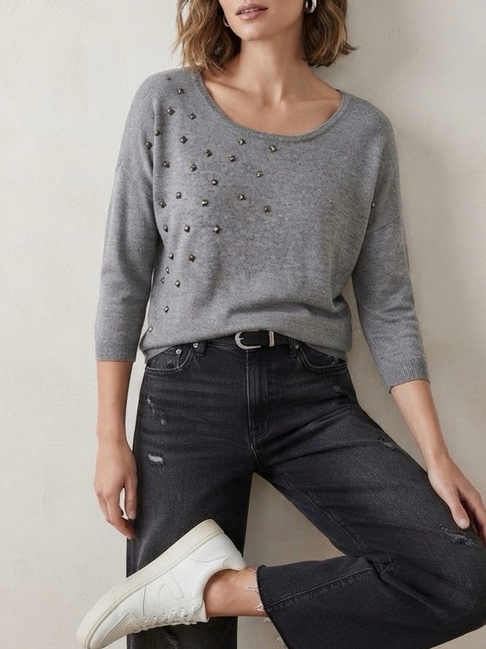 ana Gray Embellished Sweater Size Medium